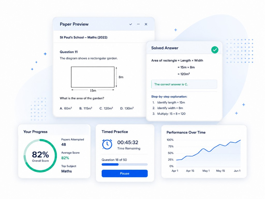 Paper preview, solved answers, progress tracking, and timed practice on KidSmart